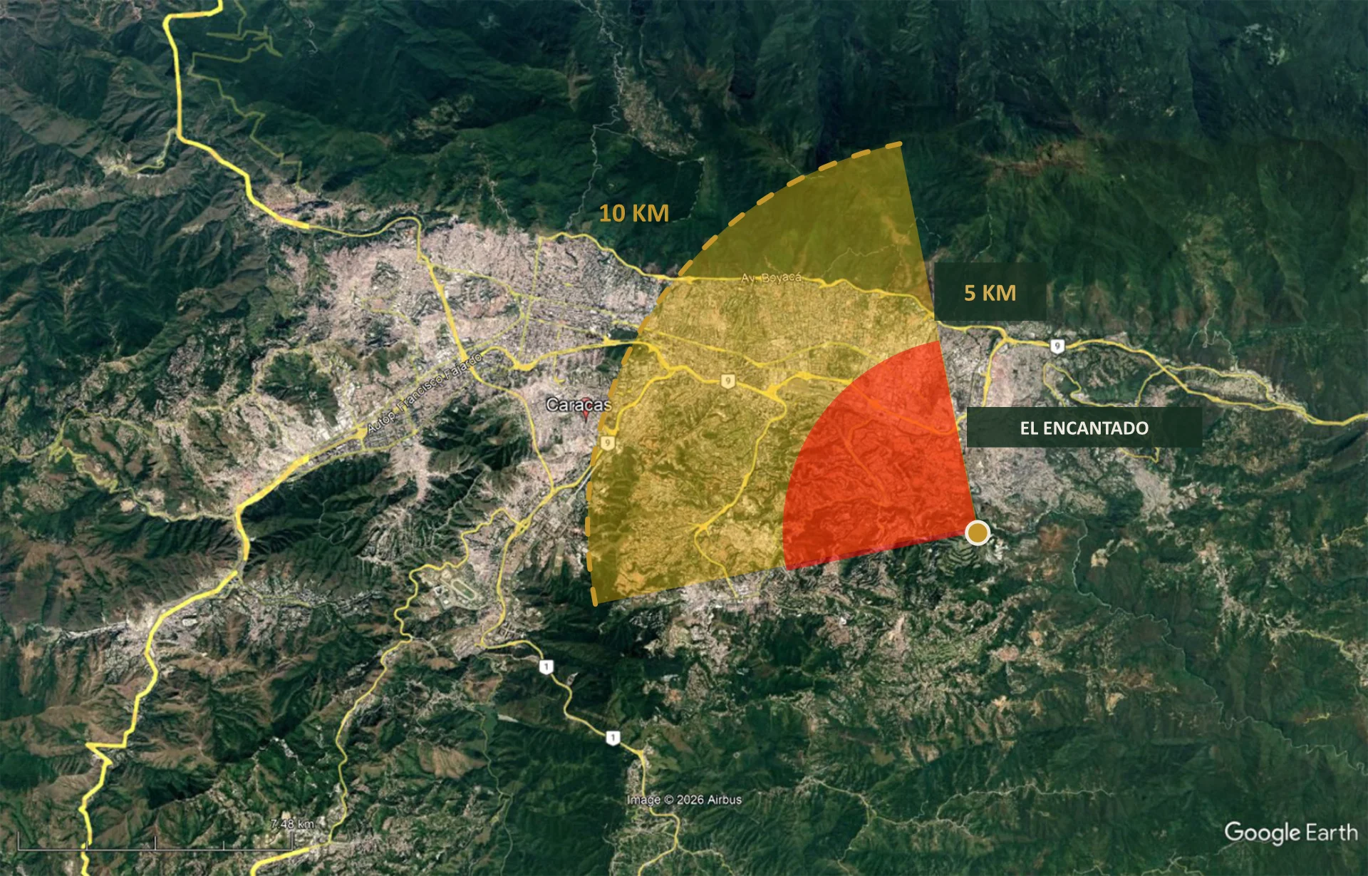 Vista satelital del Gran Caracas con overlays del alcance de las tenencias de tierra de Panoramia